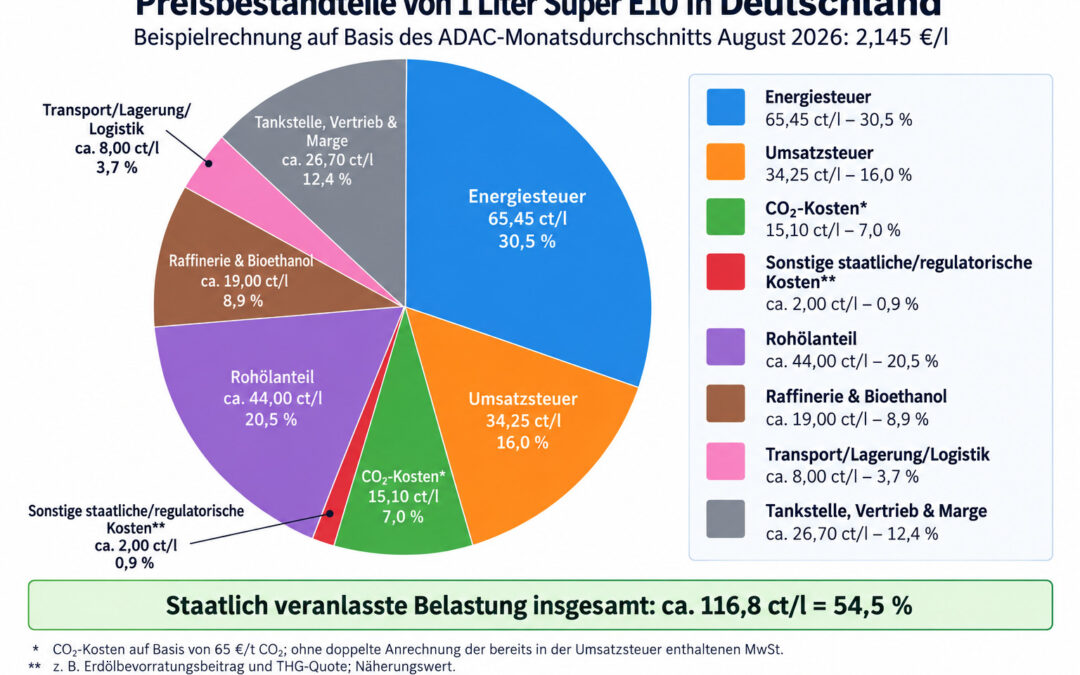 So setzt sich der Preis von 1 Liter Super E10 ungefähr zusammen